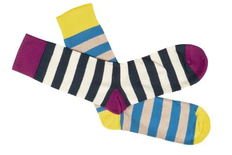 Pair socks with different lines isolated on white background. Colorful sock.. Stock-Fotos