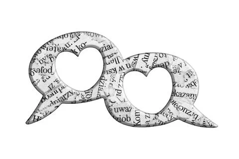 Pair of speech bubbles with hearts and letters isolated on white background Stock Illustration