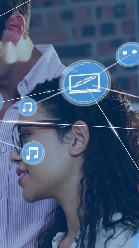 Pair standing single blue node popping near heads nodes growing into network Stock Footage 332278737