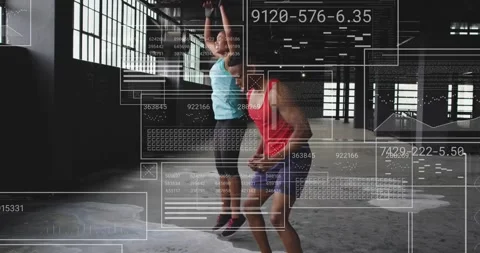 Pair starting from plank mountain-climb performing synced burpee cycles with HUD Stock Footage 331048476