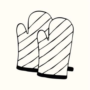 A pair of striped oven mitts is shown in a simple hand drawn doodle style Ilustração Stock