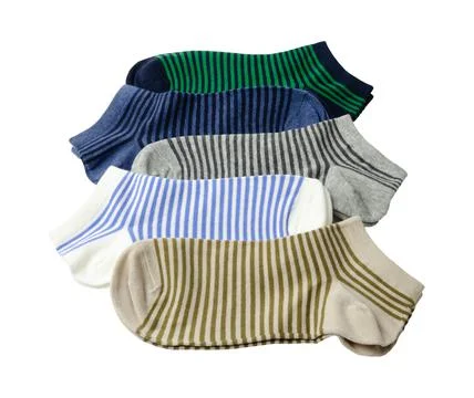 A pair of striped short socks in different colors are located on a white back Stock Photos