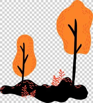 Pair of stylized orange trees are standing on black mound in flat design on Stock Illustration
