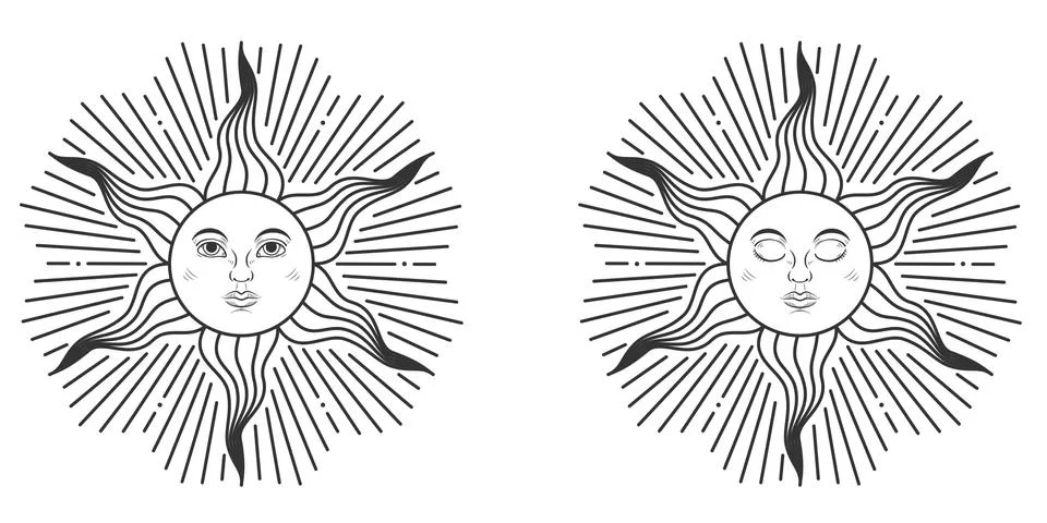 Pair of suns with open and closed eyes in medieval style Stock Illustration