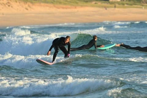 A pair of surfers conquer the Atlantic waves near Ferrol, Spain (8) , 25/08/2025 Stock Photos