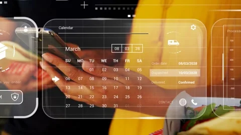 Pair tapping phone opening delivery UI, checking map and dates, confirming, Stock Footage 333426023