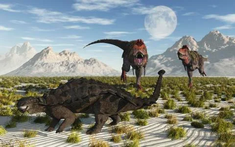 A pair of Tarbosaurus dinosaurs running towards a Pinacosaurus. Ilustração Stock