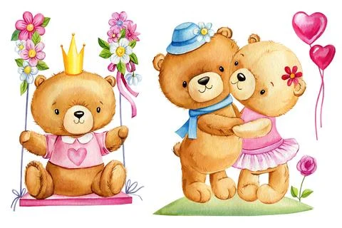 Pair Teddy, bear on a swing, pink flowers on isolated white background Stock Illustration