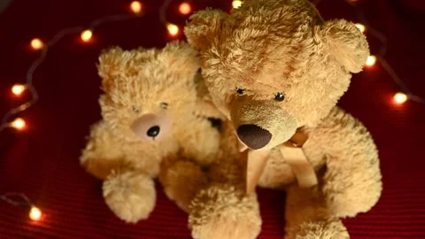 Pair of teddy bears are sitting hugging against the background of a red knitted Stock-Footage 168387699