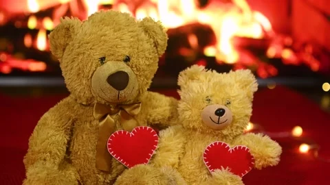 Pair of teddy bears are sitting hugging against the background of a red knitted Stock-Footage 169031964