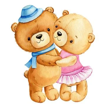 Pair Teddy bears on isolated white background. Watercolor children's Stock Illustration