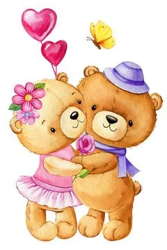 Pair Teddy bears on isolated white background. Watercolor children's Stock Illustration