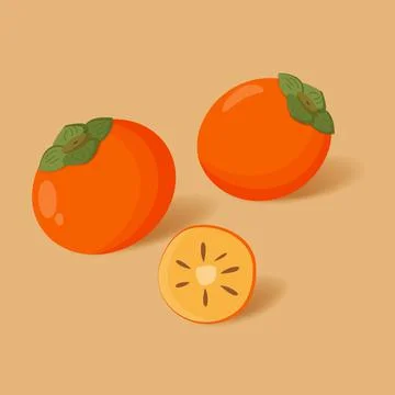 Pair of two whole persimmons and half persimmon Illustrazione stock