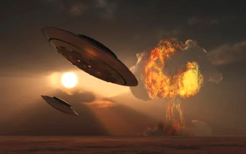 A pair of UFO's with a nuclear explosion in background. Illustration