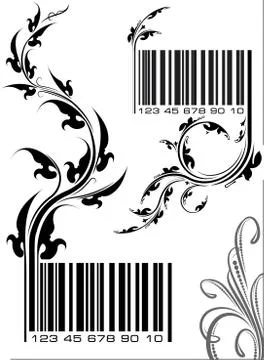 Pair of vector illustrations - bar codes with floral branch. Can use as conce Stock Illustration
