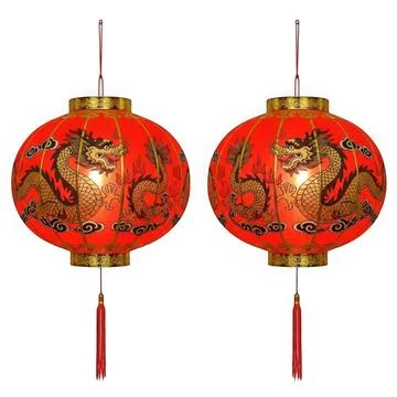 Pair of vibrant red chinese lanterns with intricate dragon designs hanging .. Illustrazione stock
