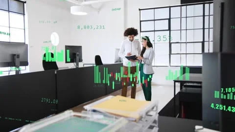 Pair walking open office opening folder, reviewing market data while green 動画素材 332704839