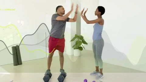 Pair walking starting lunges doing 1-leg strength hinges with fitness graphics Stock Footage 334203545