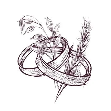 A pair of wedding rings with a ear, wild flower in vintage style. Stock Illustration