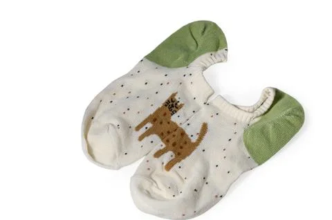 Pair of white ankle socks with brown cat pattern and green heels isolated o.. Stock Photos
