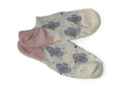 Pair of white ankle socks with grey bird pattern and pink heels isolated on.. Stock Photos