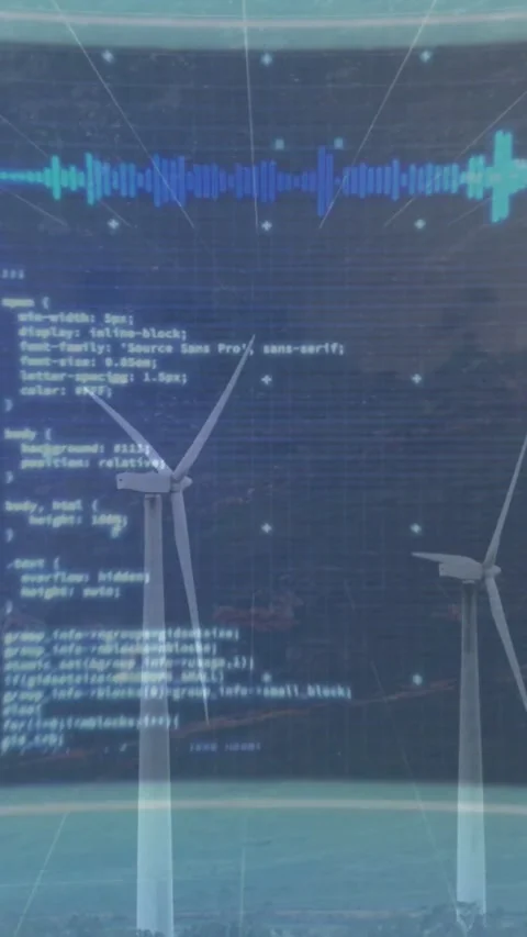 Pair of wind turbines rotating over sea, sensors sending data and activating Vídeo Stock 334544087