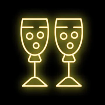 Pair of wine glasses with bubbles celebrating with neon glow effect Ilustração Stock
