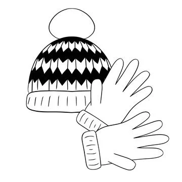 A pair of winter gloves with hat graphic line composition. Vector illustratio Stock Illustration