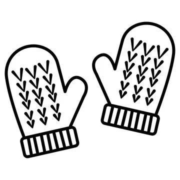 Pair of winter mittens with knitted pattern as a simple line art icon Stock Illustration