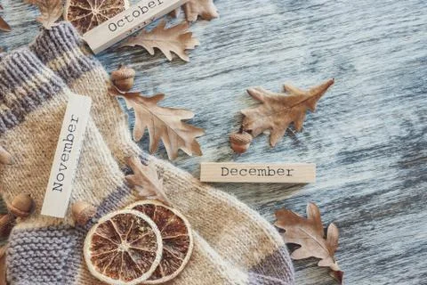Pair of woolen socks and different dry decorations, wooden background Foto stock