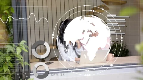 Pair working, he typing she reaching keys, starting IT globe HUD overlaying Stock Footage 333463797