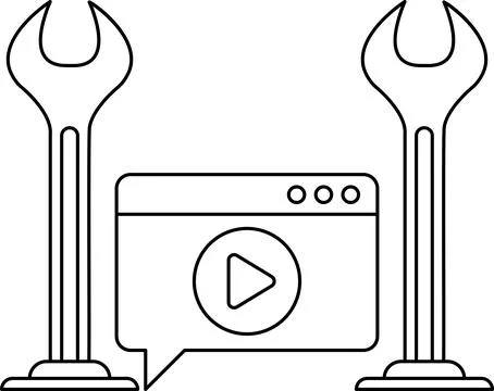 A pair of wrenches are shown next to a computer screen with a video playing Stock-Illustration
