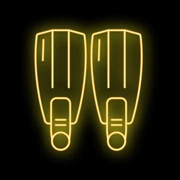 Pair of yellow neon swimming flippers glowing on black background Stock Illustration