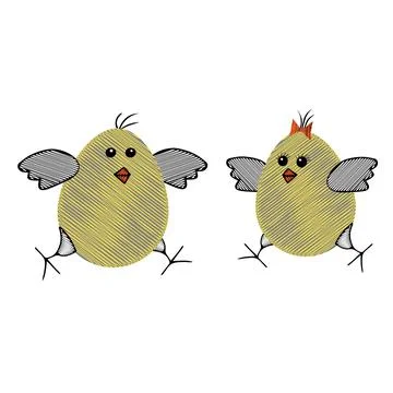 Pair of Yellow scribble Vector Easter eggs or chickens love each other isolat Stock Illustration
