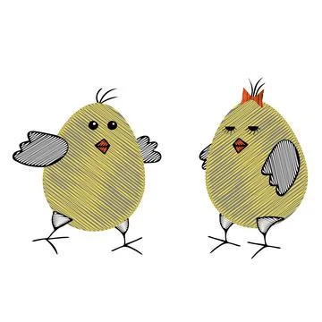 Pair of Yellow scribble Vector Easter eggs or chickens love each other isolat Stock Illustration