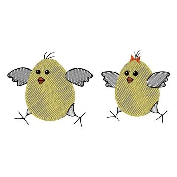 Pair of Yellow scribble Vector Easter eggs or chickens love each other isolat Stock Illustration