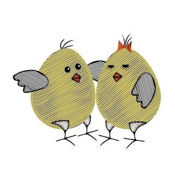 Pair of Yellow scribble Vector Easter eggs or chickens love each other isolat Stock Illustration