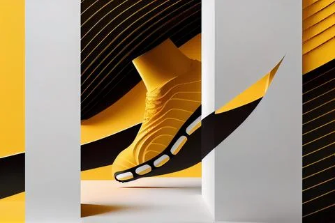 A pair of yellow shoes is shown in three different images one is in the mid.. Illustrazione stock