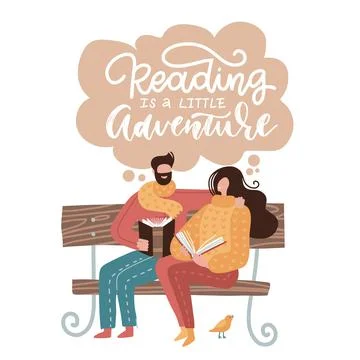 A pair of young people sitting on bench in park and holding books in hands. A Ilustração Stock