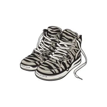 Pair of zebra patterned sneakers, sport shoes from 90s Illustrazione stock