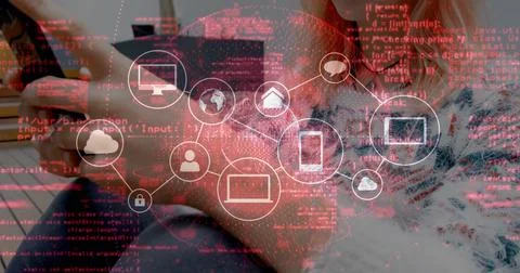 Pairing developers analyzing network icon on code overlay at wooden desk, with Stockfoto's