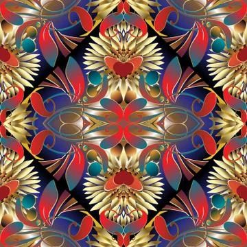 Paisley 3d modern seamless pattern. Vector floral abstract colorful backgroun Stock Illustration