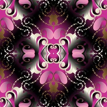 Paisley 3d seamless pattern. Vector floral abstract black pink background wal Illustrazione stock