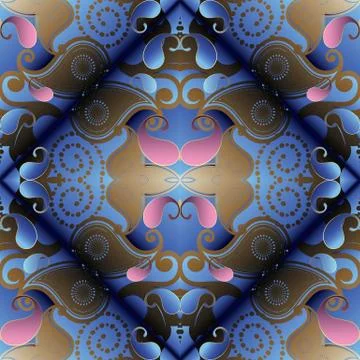 Paisley 3d seamless pattern. Vector floral abstract blue pink background wall Stock Illustration