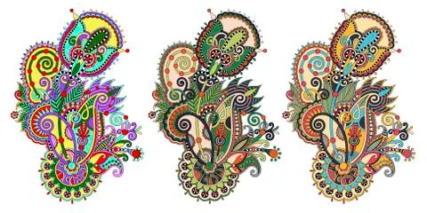 Paisley flower pattern in three colors version, decorative flora Stock Illustration