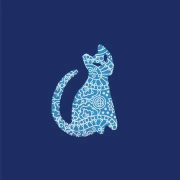 Paisley pattern abstract blue cat Stock Illustration