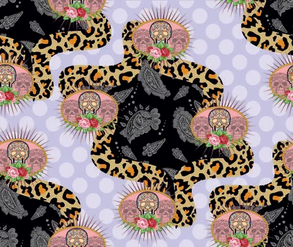 Paisley pattern with traditional skull, leopard skin texture,polka dots. Stock Illustration