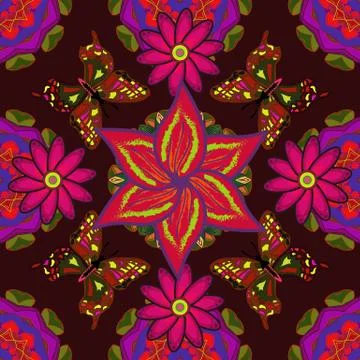 Paisley print hand drawn elements. Seamless pattern with fantasy flowers, natura Illustrazione stock