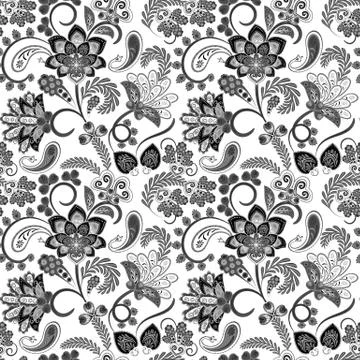 Paisley seamless pattern on black background, oriental pattern, black and white Illustrazione stock