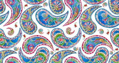 Paisley seamless pattern. Hand made painting. Bright colorful floral geometry Stock Illustration